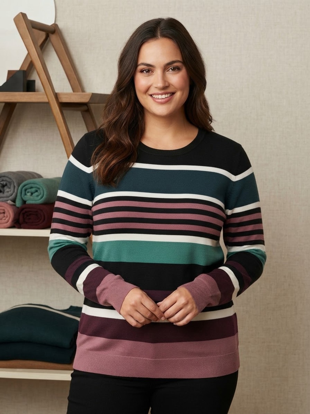 Murano Striped Crewneck Sweater in Black, Teal & Mauve